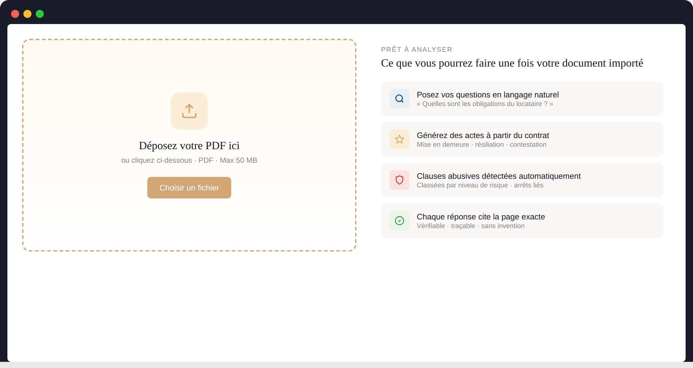 Étape 01 — Déposez votre PDF, l'analyse démarre